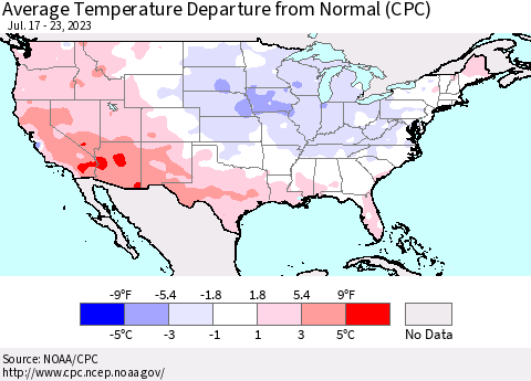 United States Average Temperature Departure from Normal (CPC) Thematic Map For 7/17/2023 - 7/23/2023