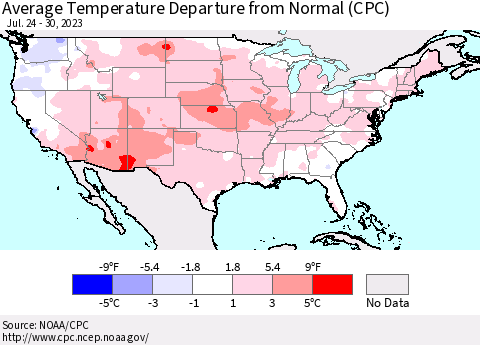 United States Average Temperature Departure from Normal (CPC) Thematic Map For 7/24/2023 - 7/30/2023