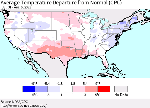 United States Average Temperature Departure from Normal (CPC) Thematic Map For 7/31/2023 - 8/6/2023