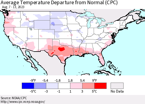 United States Average Temperature Departure from Normal (CPC) Thematic Map For 8/7/2023 - 8/13/2023