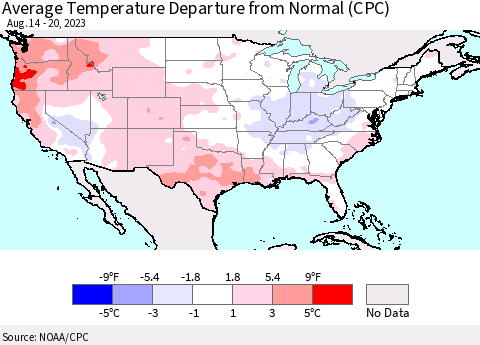 United States Average Temperature Departure from Normal (CPC) Thematic Map For 8/14/2023 - 8/20/2023