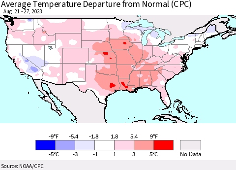 United States Average Temperature Departure from Normal (CPC) Thematic Map For 8/21/2023 - 8/27/2023