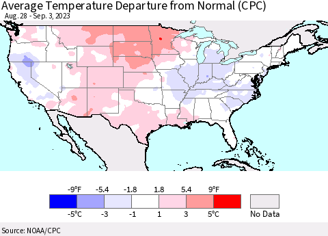 United States Average Temperature Departure from Normal (CPC) Thematic Map For 8/28/2023 - 9/3/2023