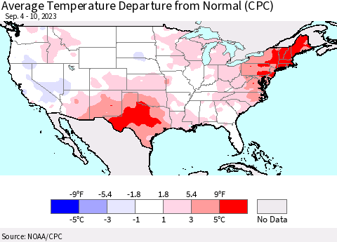 United States Average Temperature Departure from Normal (CPC) Thematic Map For 9/4/2023 - 9/10/2023