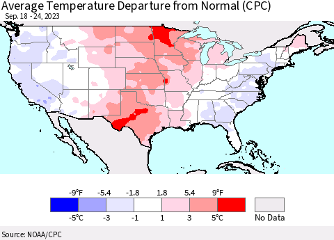United States Average Temperature Departure from Normal (CPC) Thematic Map For 9/18/2023 - 9/24/2023