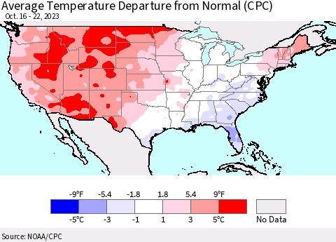United States Average Temperature Departure from Normal (CPC) Thematic Map For 10/16/2023 - 10/22/2023