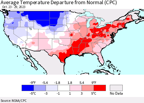 United States Average Temperature Departure from Normal (CPC) Thematic Map For 10/23/2023 - 10/29/2023