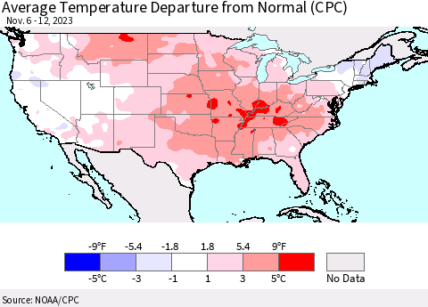 United States Average Temperature Departure from Normal (CPC) Thematic Map For 11/6/2023 - 11/12/2023