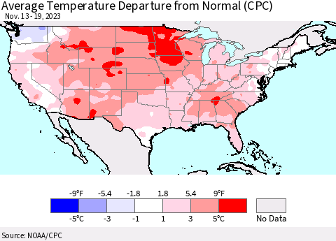 United States Average Temperature Departure from Normal (CPC) Thematic Map For 11/13/2023 - 11/19/2023
