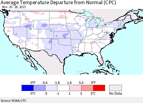 United States Average Temperature Departure from Normal (CPC) Thematic Map For 11/20/2023 - 11/26/2023