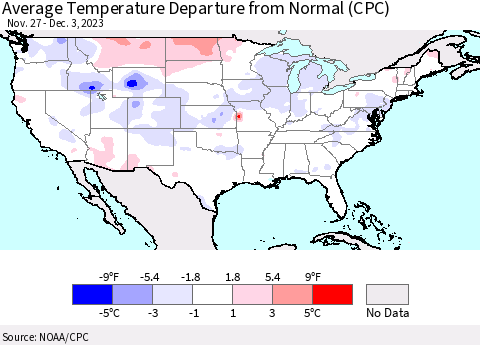 United States Average Temperature Departure from Normal (CPC) Thematic Map For 11/27/2023 - 12/3/2023