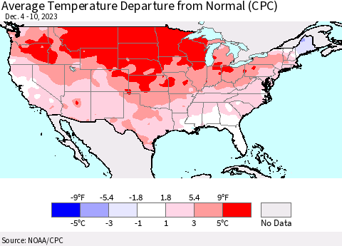 United States Average Temperature Departure from Normal (CPC) Thematic Map For 12/4/2023 - 12/10/2023