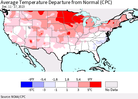 United States Average Temperature Departure from Normal (CPC) Thematic Map For 12/11/2023 - 12/17/2023