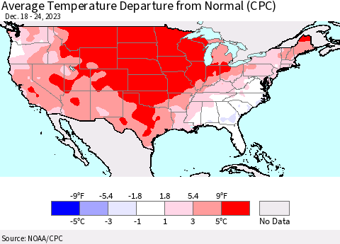 United States Average Temperature Departure from Normal (CPC) Thematic Map For 12/18/2023 - 12/24/2023