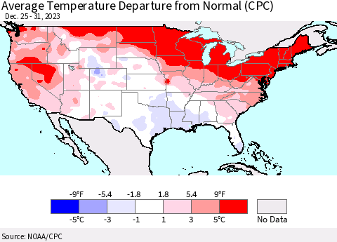 United States Average Temperature Departure from Normal (CPC) Thematic Map For 12/25/2023 - 12/31/2023