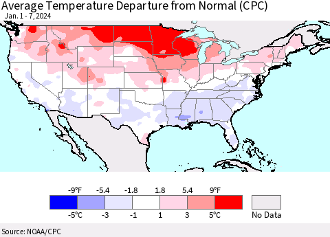United States Average Temperature Departure from Normal (CPC) Thematic Map For 1/1/2024 - 1/7/2024