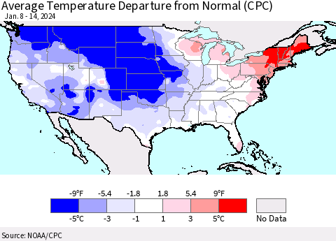 United States Average Temperature Departure from Normal (CPC) Thematic Map For 1/8/2024 - 1/14/2024