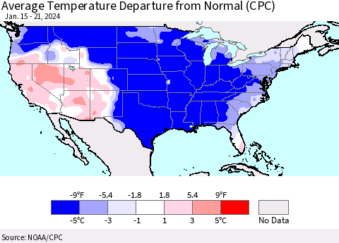 United States Average Temperature Departure from Normal (CPC) Thematic Map For 1/15/2024 - 1/21/2024