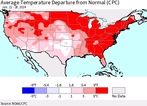 United States Average Temperature Departure from Normal (CPC) Thematic Map For 1/22/2024 - 1/28/2024