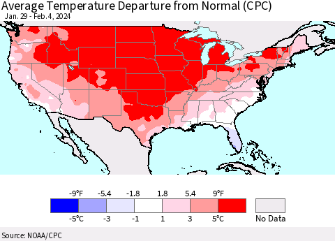 United States Average Temperature Departure from Normal (CPC) Thematic Map For 1/29/2024 - 2/4/2024