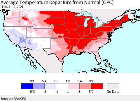 United States Average Temperature Departure from Normal (CPC) Thematic Map For 2/5/2024 - 2/11/2024