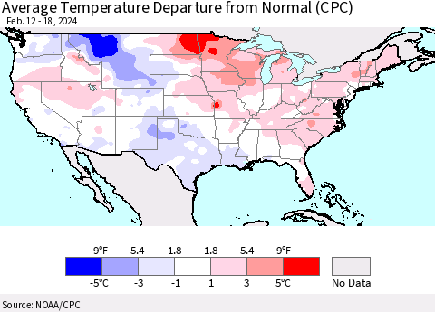 United States Average Temperature Departure from Normal (CPC) Thematic Map For 2/12/2024 - 2/18/2024