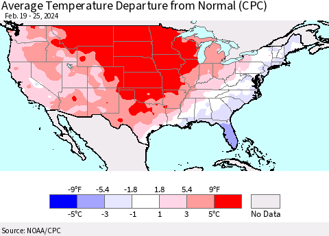 United States Average Temperature Departure from Normal (CPC) Thematic Map For 2/19/2024 - 2/25/2024