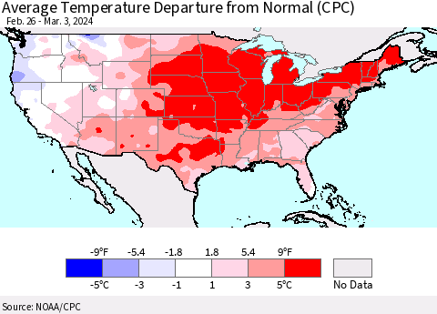 United States Average Temperature Departure from Normal (CPC) Thematic Map For 2/26/2024 - 3/3/2024