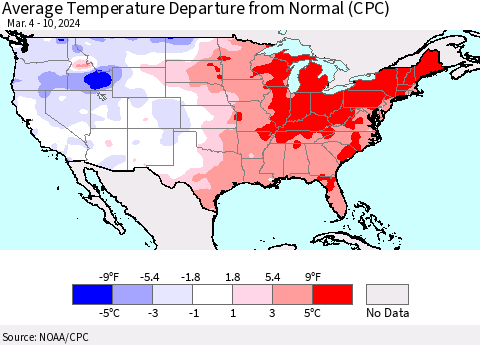 United States Average Temperature Departure from Normal (CPC) Thematic Map For 3/4/2024 - 3/10/2024