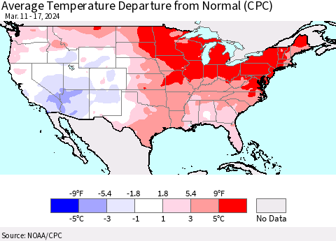 United States Average Temperature Departure from Normal (CPC) Thematic Map For 3/11/2024 - 3/17/2024