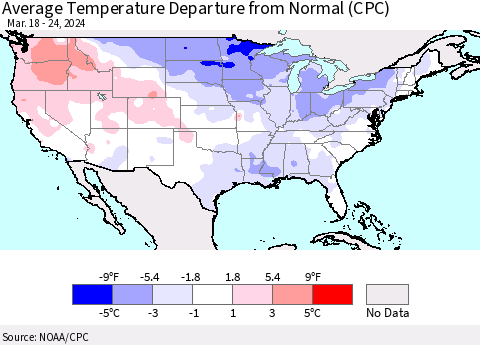 United States Average Temperature Departure from Normal (CPC) Thematic Map For 3/18/2024 - 3/24/2024