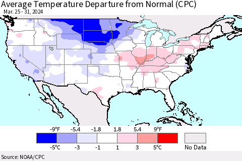 United States Average Temperature Departure from Normal (CPC) Thematic Map For 3/25/2024 - 3/31/2024