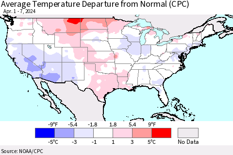 United States Average Temperature Departure from Normal (CPC) Thematic Map For 4/1/2024 - 4/7/2024