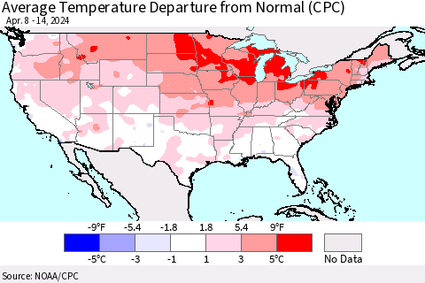 United States Average Temperature Departure from Normal (CPC) Thematic Map For 4/8/2024 - 4/14/2024