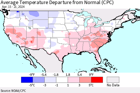 United States Average Temperature Departure from Normal (CPC) Thematic Map For 4/15/2024 - 4/21/2024