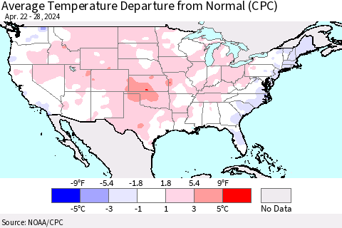 United States Average Temperature Departure from Normal (CPC) Thematic Map For 4/22/2024 - 4/28/2024