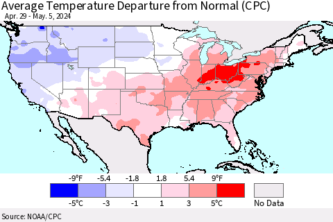 United States Average Temperature Departure from Normal (CPC) Thematic Map For 4/29/2024 - 5/5/2024