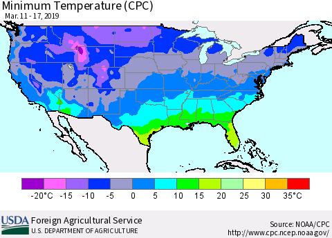 United States Mean Minimum Temperature (CPC) Thematic Map For 3/11/2019 - 3/17/2019