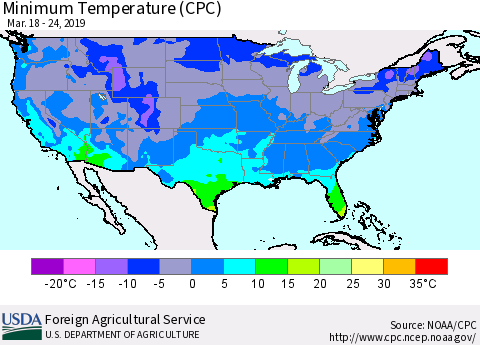 United States Mean Minimum Temperature (CPC) Thematic Map For 3/18/2019 - 3/24/2019