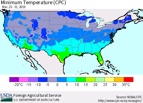 United States Mean Minimum Temperature (CPC) Thematic Map For 3/25/2019 - 3/31/2019