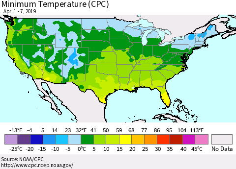 United States Mean Minimum Temperature (CPC) Thematic Map For 4/1/2019 - 4/7/2019