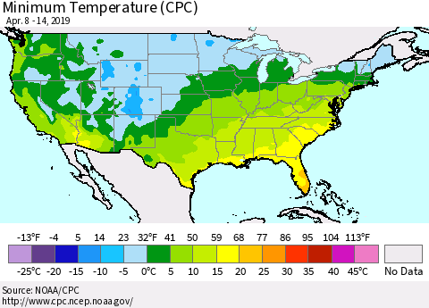 United States Mean Minimum Temperature (CPC) Thematic Map For 4/8/2019 - 4/14/2019