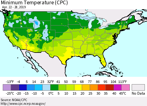 United States Mean Minimum Temperature (CPC) Thematic Map For 4/22/2019 - 4/28/2019