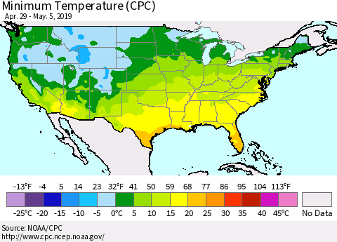 United States Mean Minimum Temperature (CPC) Thematic Map For 4/29/2019 - 5/5/2019