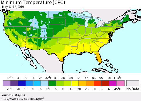 United States Mean Minimum Temperature (CPC) Thematic Map For 5/6/2019 - 5/12/2019