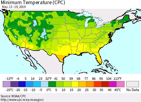 United States Mean Minimum Temperature (CPC) Thematic Map For 5/13/2019 - 5/19/2019