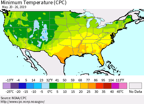 United States Mean Minimum Temperature (CPC) Thematic Map For 5/20/2019 - 5/26/2019