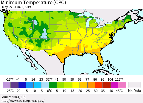 United States Mean Minimum Temperature (CPC) Thematic Map For 5/27/2019 - 6/2/2019