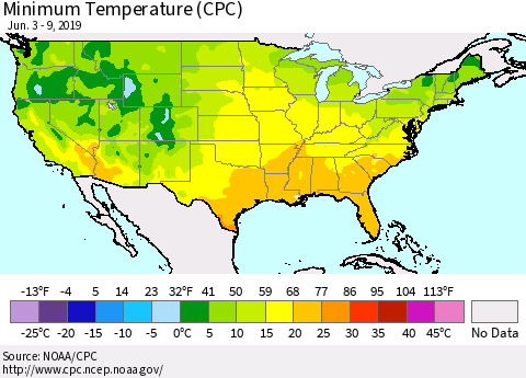 United States Mean Minimum Temperature (CPC) Thematic Map For 6/3/2019 - 6/9/2019
