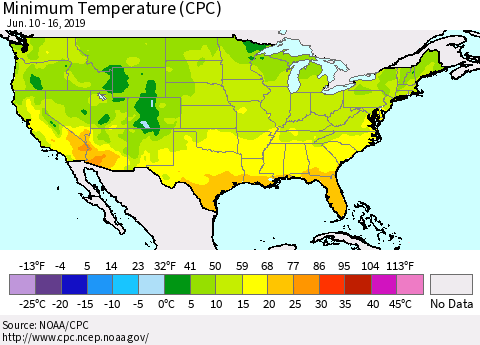 United States Mean Minimum Temperature (CPC) Thematic Map For 6/10/2019 - 6/16/2019